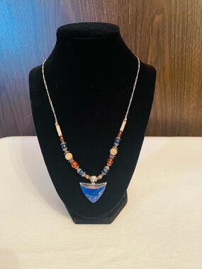 Lapis Lazuli Triangle Pendant Necklace with Amber and Jasper and Lapis Beads